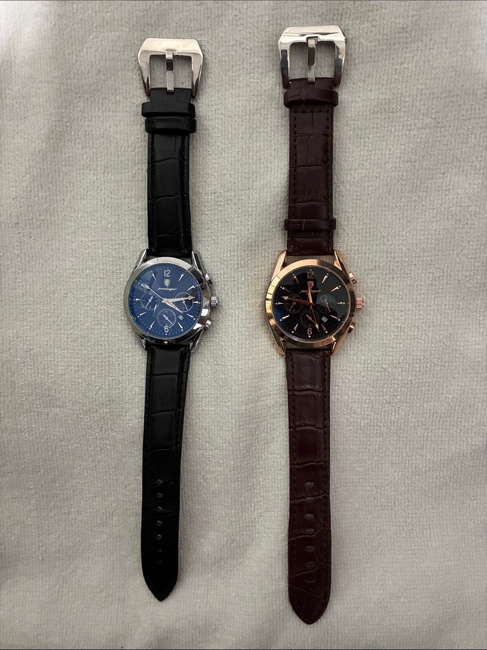 Poedagar Classic Leather Strap Watches- Black/Blue and Brown/Copper. Set of 2